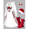 Christmas Hat Letters Pattern Lace Up Hooded Dress and Back Tie Mid-Calf Boots Fluffy Hat Cap Shape Earrings Outfit