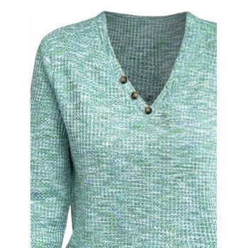 Marled V Neck Long Sleeve Button Decor Pullover Jacquard Top 
