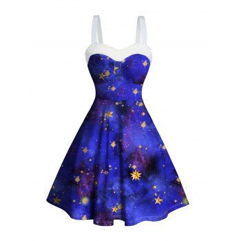 Mini Robe Ligne A Etoile Galaxie Panneau en Fausse Fourrure à Volants