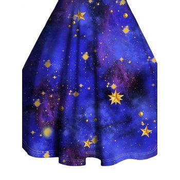 Galaxy Star Print Faux Fur Panel Mini Dress Ruched Bust Sweetheart Neck A Line Dress