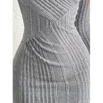 Solid Color Ribbed Crossover V Neck Bodycon Dress Tulip Hem Long Sleeve Mini