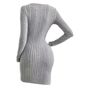 Solid Color Ribbed Crossover V Neck Bodycon Dress Tulip Hem Long Sleeve Mini 