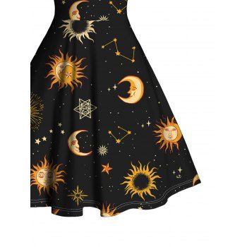 Celestial Sun Moon Star Print Faux Fur Panel Mini Dress Ruched Bust Sweetheart Neck A Line Dress