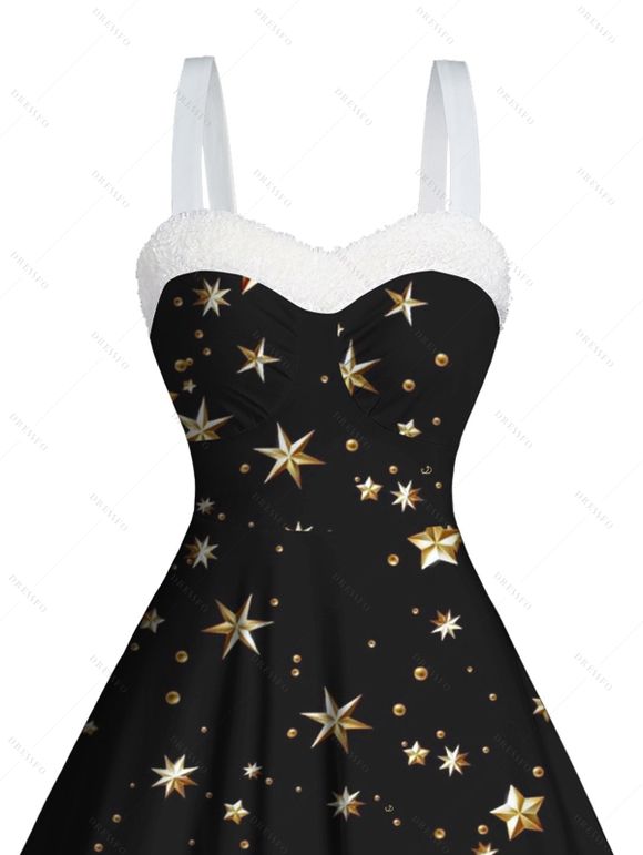 Mini Robe Etoile à Pois Panneau en Fausse Fourrure à Volants - Noir S | US 4