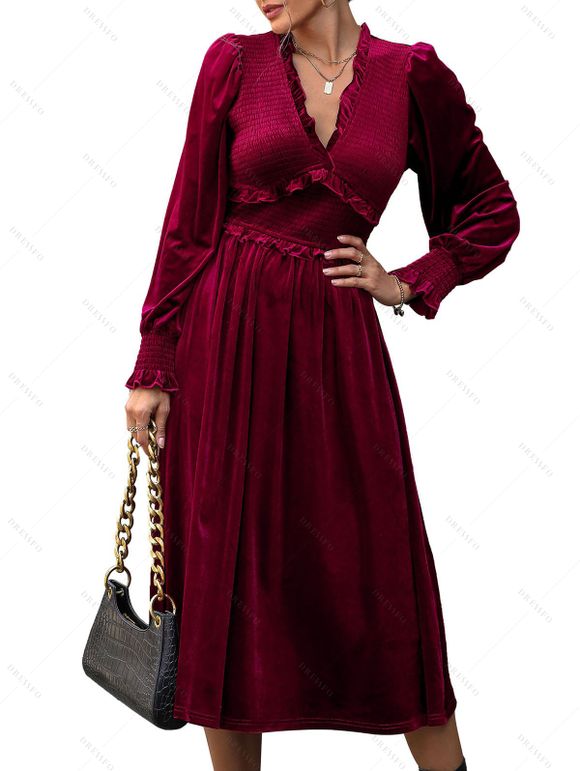 Robe de Soirée Midi Taille Haute à Col Plongeant à Manches Longues - Rouge foncé XL | US 10