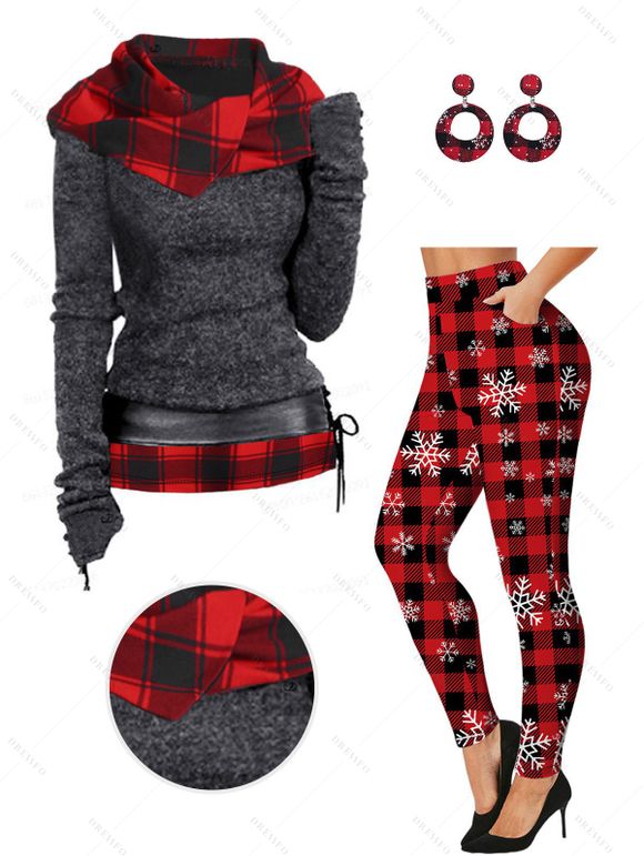 Plaid Print Cinched Belted Knit Hooded Top And Christmas Snowflake Stripe Checker Print Leggings Earrings Outfit - Gris Foncé S | US 4