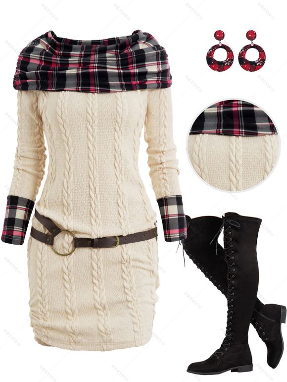 Plaid Foldover Cable Knit Ruched Belted Mini Sweater Dress And Lace Up Over The Knee Boots Snowflake Plaid Drop Earrings Outfit - café lumière S | US 4