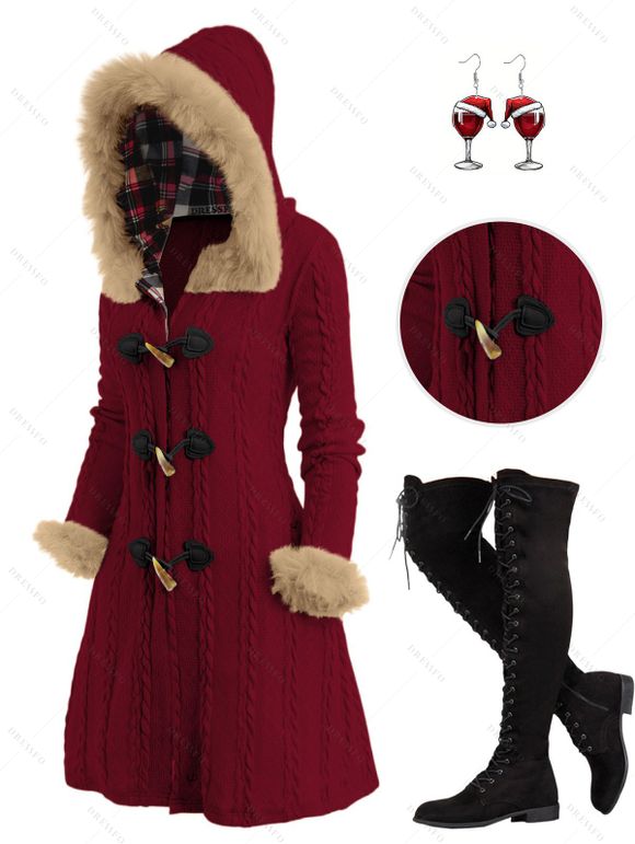 Cable Knit Plaid Horn Button Faux Fur Hooded Coat And Lace Up Over The Knee Boots Wine Glass Pattern Drop Earrings Outfit - Rouge foncé S | US 4