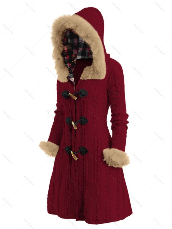 Cable Knit Plaid Horn Button Faux Fur Hooded Coat And Lace Up Over The Knee Boots Wine Glass Pattern Drop Earrings Outfit - Rouge foncé S | US 4