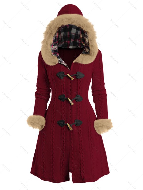 Cable Knit Plaid Horn Button Faux Fur Hooded Coat And Lace Up Over The Knee Boots Wine Glass Pattern Drop Earrings Outfit - Rouge foncé S | US 4