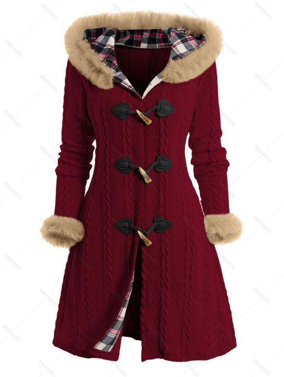 Cable Knit Plaid Horn Button Faux Fur Hooded Coat And Lace Up Over The Knee Boots Wine Glass Pattern Drop Earrings Outfit - Rouge foncé S | US 4