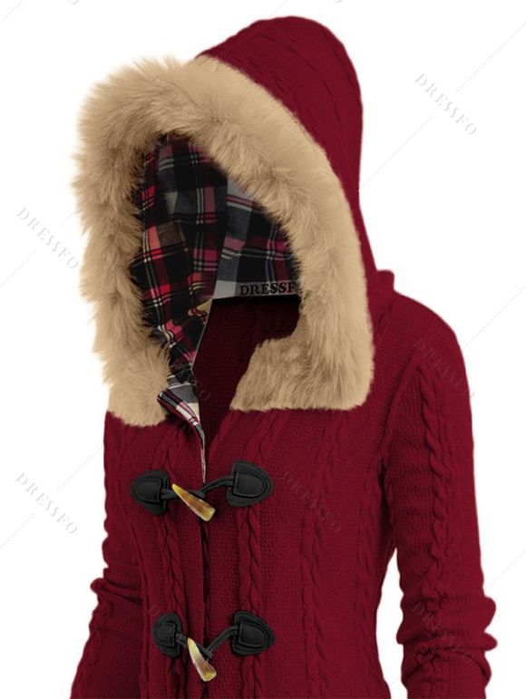 Cable Knit Plaid Horn Button Faux Fur Hooded Coat And Lace Up Over The Knee Boots Wine Glass Pattern Drop Earrings Outfit - Rouge foncé S | US 4