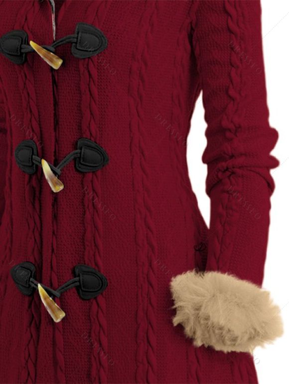 Cable Knit Plaid Horn Button Faux Fur Hooded Coat And Lace Up Over The Knee Boots Wine Glass Pattern Drop Earrings Outfit - Rouge foncé S | US 4