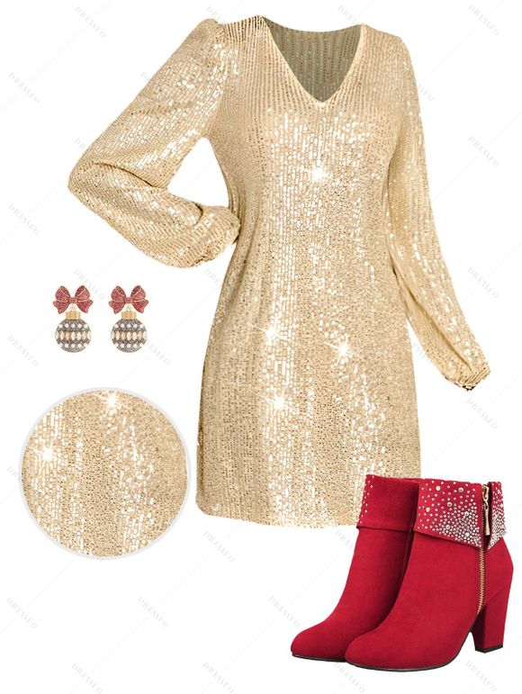 Glitter Sequined V Neck Mini Party Dress And Faux Rhinestones Ankle Boots Bowknot Ball Drop Earrings Outfit - café lumière S | US 4