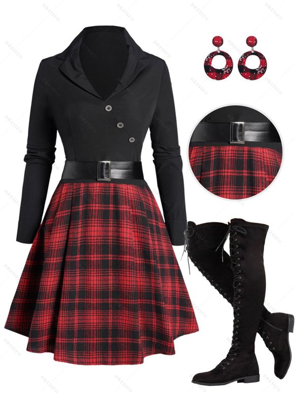 Plaid Panel Mock Button Belted Mini Combo Dress And Lace Up Over The Knee Boots Snowflake Pattern Earrings Outfit - Noir S | US 4