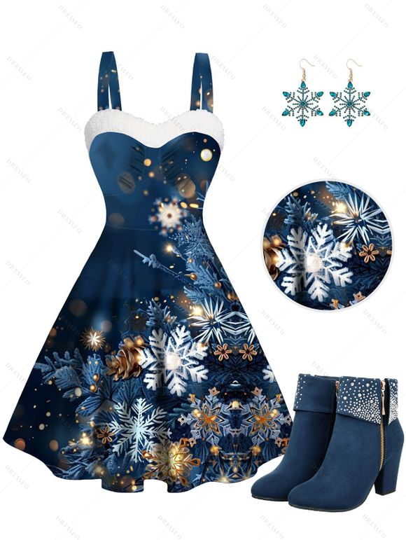 Christmas Snowflake Print Faux Fur Panel Mini Dress And Rhinestone High Heeled Zip Fly Boots Drop Earrings Outfit - Bleu de Minuit S | US 4