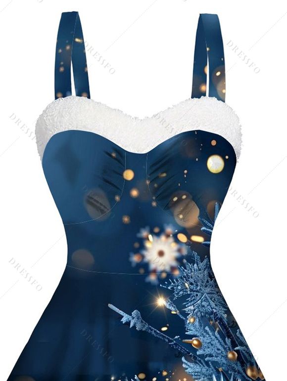 Christmas Snowflake Print Faux Fur Panel Mini Dress And Rhinestone High Heeled Zip Fly Boots Drop Earrings Outfit - Bleu de Minuit S | US 4