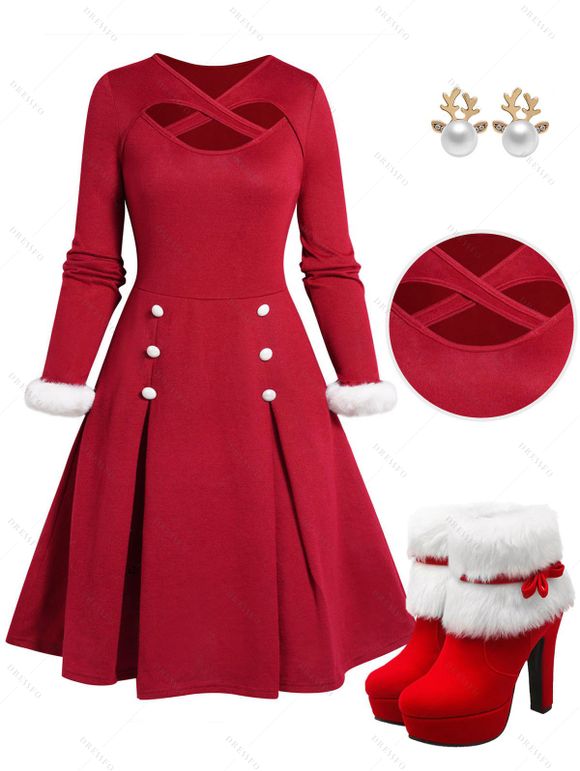 Christmas Panel Cut Out Crossover Pleated Knit Mini Dress And High Heeled Platforms Faux Fur Boots Elk Faux Pearl Earrings Outfit - Rouge S | US 4