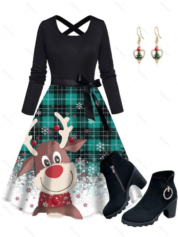 Christmas Snowflake Plaid Elk Print Crisscross Bowknot Belted A Line Dress And Chunky Heel Side Zipper Ankle Boots Heart Shape Drop Earrings Outfit - Noir S | US 4