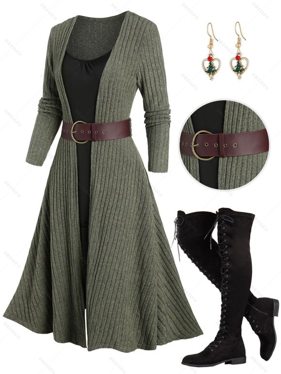 Rib Contrast Belt Faux Twinset Knit Dress And Lace Up Over The Knee Boots Christmas Tree Heart Shaped Drop Earrings Outfit - Vert profond S | US 4