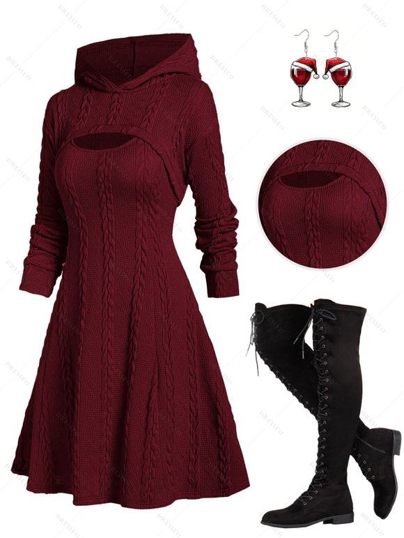 Hooded Cable Knit Arm Warmer Sweater Top Dress Set And Back Tie Mid-Calf Boots Christmas Wine Glass Drop Earrings Outfit - Rouge foncé S | US 4