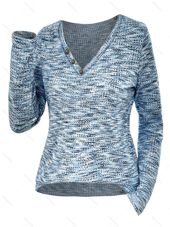 Pull-over Marbré Décoré de Bouton Manches Longues à Col V en Jacquard - Bleu gris XXL | US 12