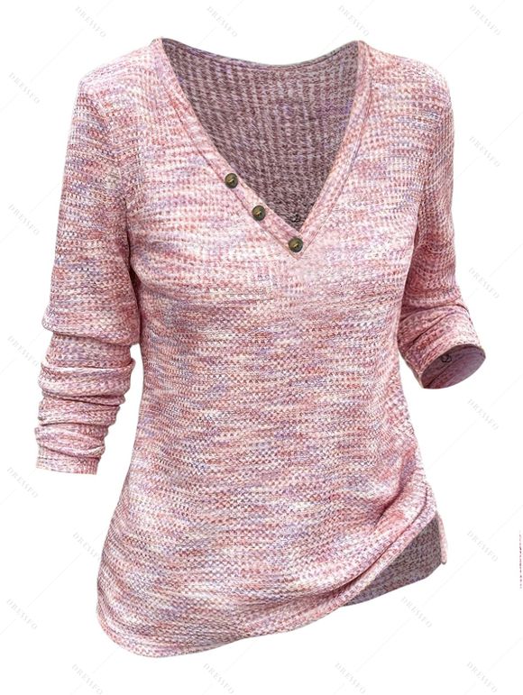 Pull-over Marbré Décoré de Bouton Manches Longues à Col V en Jacquard - Rose clair XL | US 10