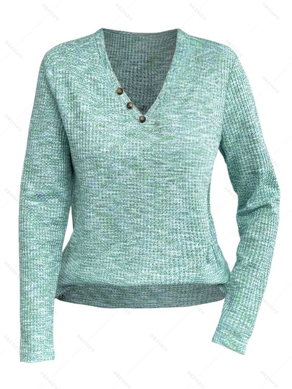 Pull-over Marbré Décoré de Bouton Manches Longues à Col V en Jacquard - Vert clair XXL | US 12