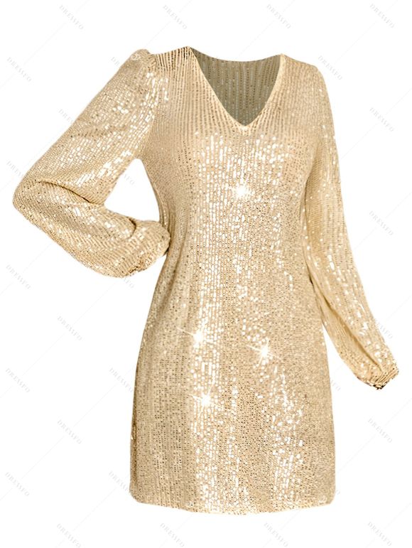 Robe de Soirée Courte Paillettée à Manches Longues à Col V - Champagne XXL | US 12