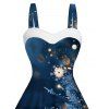 Christmas Snowflake Print Faux Fur Panel Mini Dress And Rhinestone High Heeled Zip Fly Boots Drop Earrings Outfit - Bleu de Minuit S | US 4