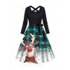 Christmas Snowflake Plaid Elk Print Crisscross Bowknot Belted A Line Dress And Chunky Heel Side Zipper Ankle Boots Heart Shape Drop Earrings Outfit - Noir S | US 4