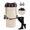 Plaid Foldover Cable Knit Ruched Belted Mini Sweater Dress And Lace Up Over The Knee Boots Snowflake Plaid Drop Earrings Outfit - café lumière S | US 4