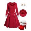 Christmas Panel Cut Out Crossover Pleated Knit Mini Dress And High Heeled Platforms Faux Fur Boots Elk Faux Pearl Earrings Outfit - Rouge S | US 4