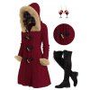 Cable Knit Plaid Horn Button Faux Fur Hooded Coat And Lace Up Over The Knee Boots Wine Glass Pattern Drop Earrings Outfit - Rouge foncé S | US 4