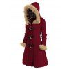 Cable Knit Plaid Horn Button Faux Fur Hooded Coat And Lace Up Over The Knee Boots Wine Glass Pattern Drop Earrings Outfit - Rouge foncé S | US 4