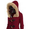 Cable Knit Plaid Horn Button Faux Fur Hooded Coat And Lace Up Over The Knee Boots Wine Glass Pattern Drop Earrings Outfit - Rouge foncé S | US 4