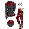 Plaid Print Cinched Belted Knit Hooded Top And Christmas Snowflake Stripe Checker Print Leggings Earrings Outfit - Gris Foncé S | US 4