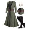 Rib Contrast Belt Faux Twinset Knit Dress And Lace Up Over The Knee Boots Christmas Tree Heart Shaped Drop Earrings Outfit - Vert profond S | US 4