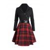 Plaid Panel Mock Button Belted Mini Combo Dress And Lace Up Over The Knee Boots Snowflake Pattern Earrings Outfit - Noir S | US 4