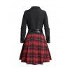 Plaid Panel Mock Button Belted Mini Combo Dress And Lace Up Over The Knee Boots Snowflake Pattern Earrings Outfit - Noir S | US 4