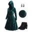 Mock Button Buckle Strap Pleated Mini Velour Hooded Dress And Chunky Heel Faux Leather Boots Tree Leaf Drop Earrings Outfit - Vert profond S | US 4