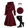 Hooded Cable Knit Arm Warmer Sweater Top Dress Set And Back Tie Mid-Calf Boots Christmas Wine Glass Drop Earrings Outfit - Rouge foncé S | US 4