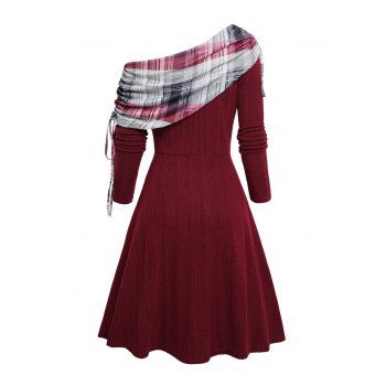 Plaid Patchwork Off The Shoulder Cinched Asymmetric Dress Mock Button Decor Ribbed Warm Dress 