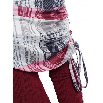 Plaid Patchwork Off The Shoulder Cinched Asymmetric Dress Mock Button Decor Ribbed Warm Dress 