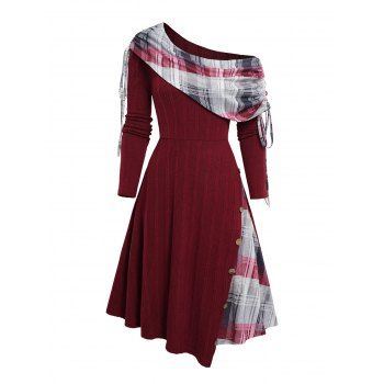 Plaid Patchwork Off The Shoulder Cinched Asymmetric Dress Mock Button Decor Ribbed Warm Dress 