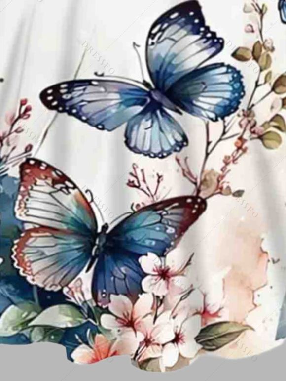 Robe Evasée à Bretelle Elastique Fleurie Papillon Imprimé sans Manches - Blanc XXL | US 14