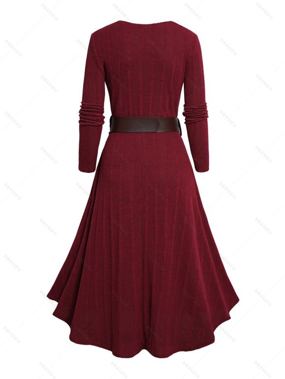 Robe Tricotée Côtelée Anneau en O Ceinturé à Manches Longues 2 - Rouge foncé L | US 8-10