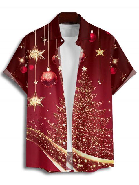 Chemise Arbre de Noël et Boule en Tissu Imprimé Boutonnée Manches Courtes à Col Relevé