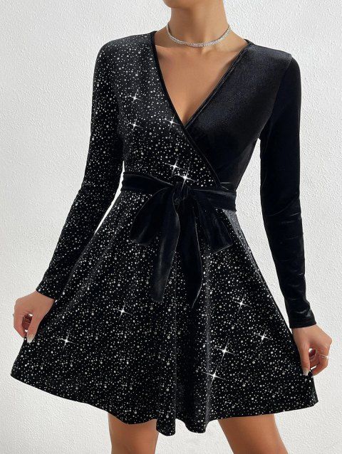 Mini Robe Ceinturée en Couleur Unie à Manches Longues en Velours à Paillettes