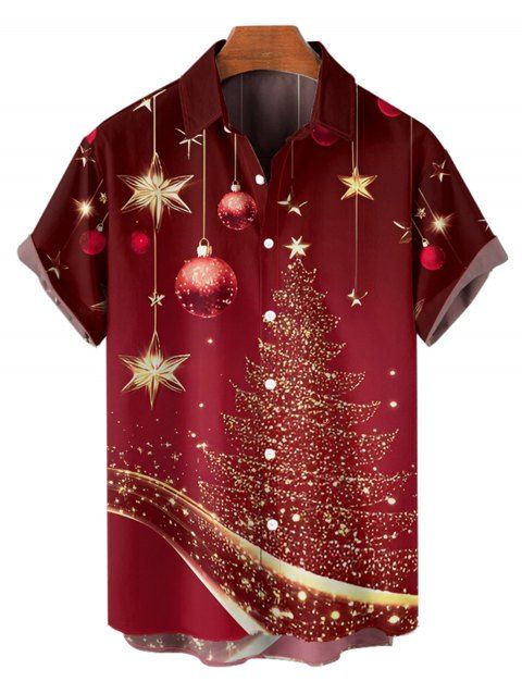 Chemise Arbre de Noël et Boule en Tissu Imprimé Boutonnée Manches Courtes à Col Relevé